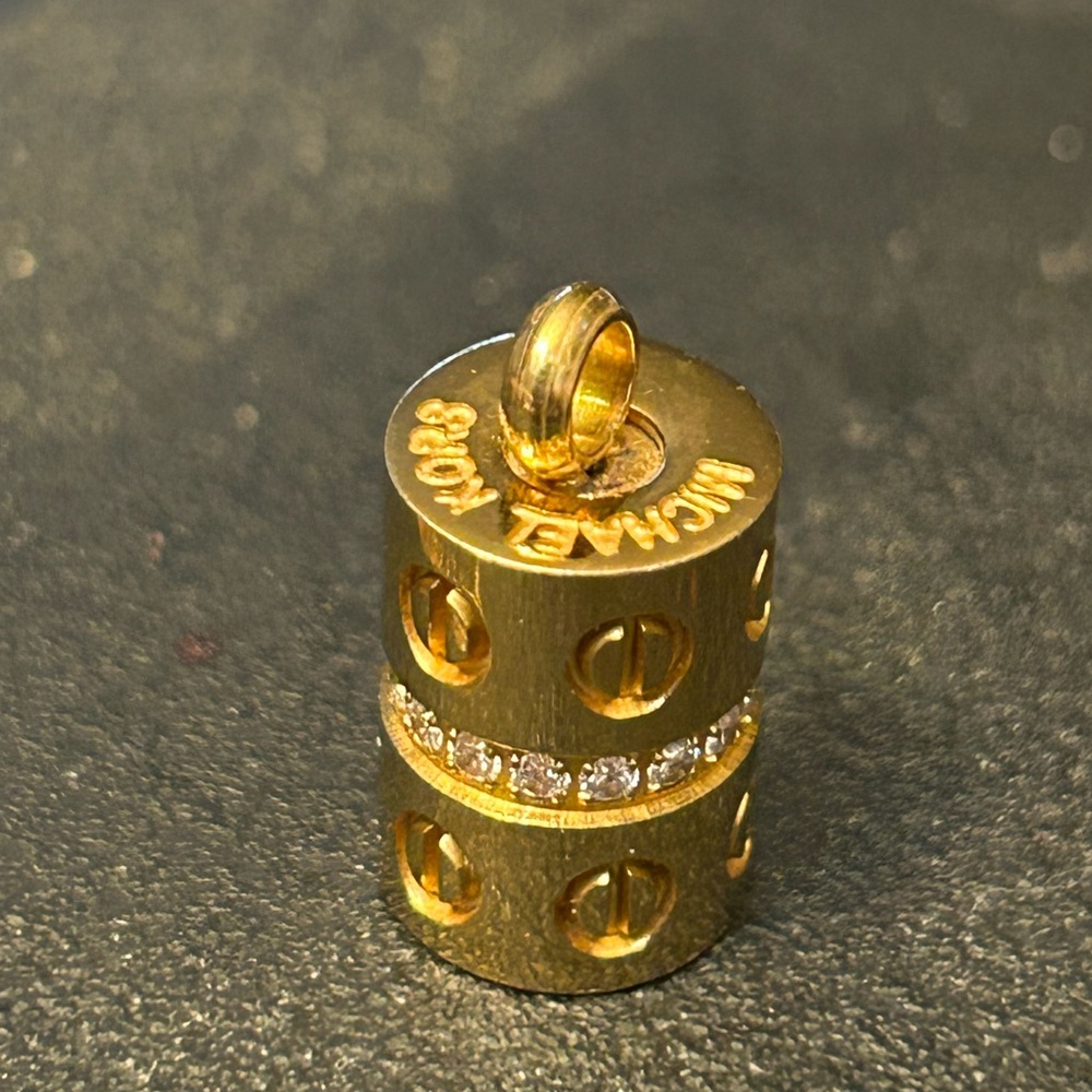 Gold Screw Motif Cylinder Pendant with Crystal Band